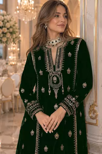 Green embroidered velvet salwar suit