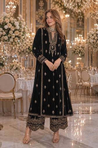 Black embroidered velvet salwar suit