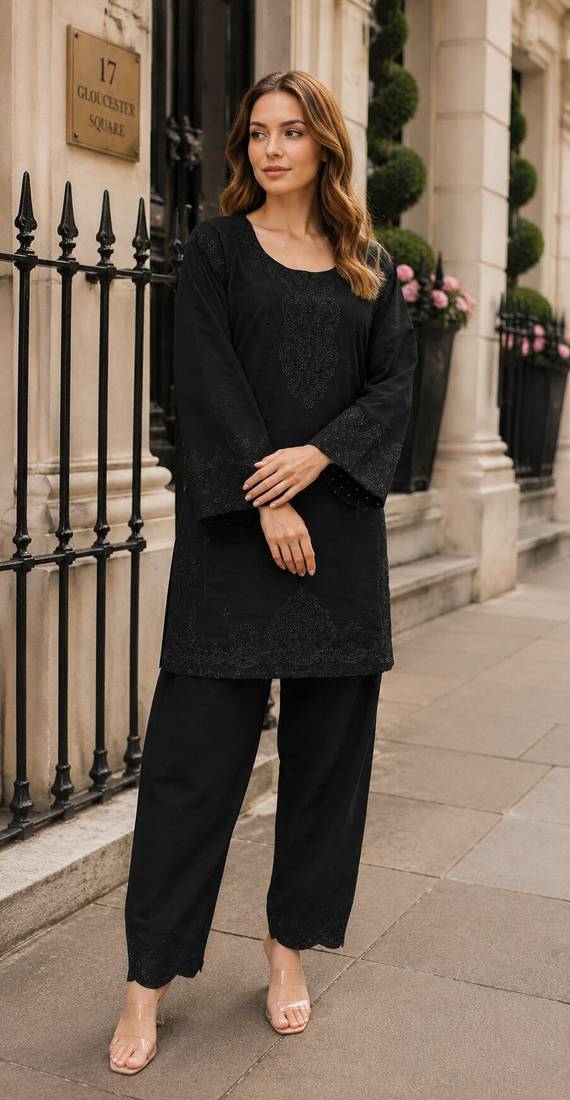 Black embroidery and thread work cotton salwar suit