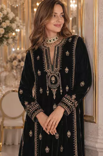 Black embroidered velvet salwar suit