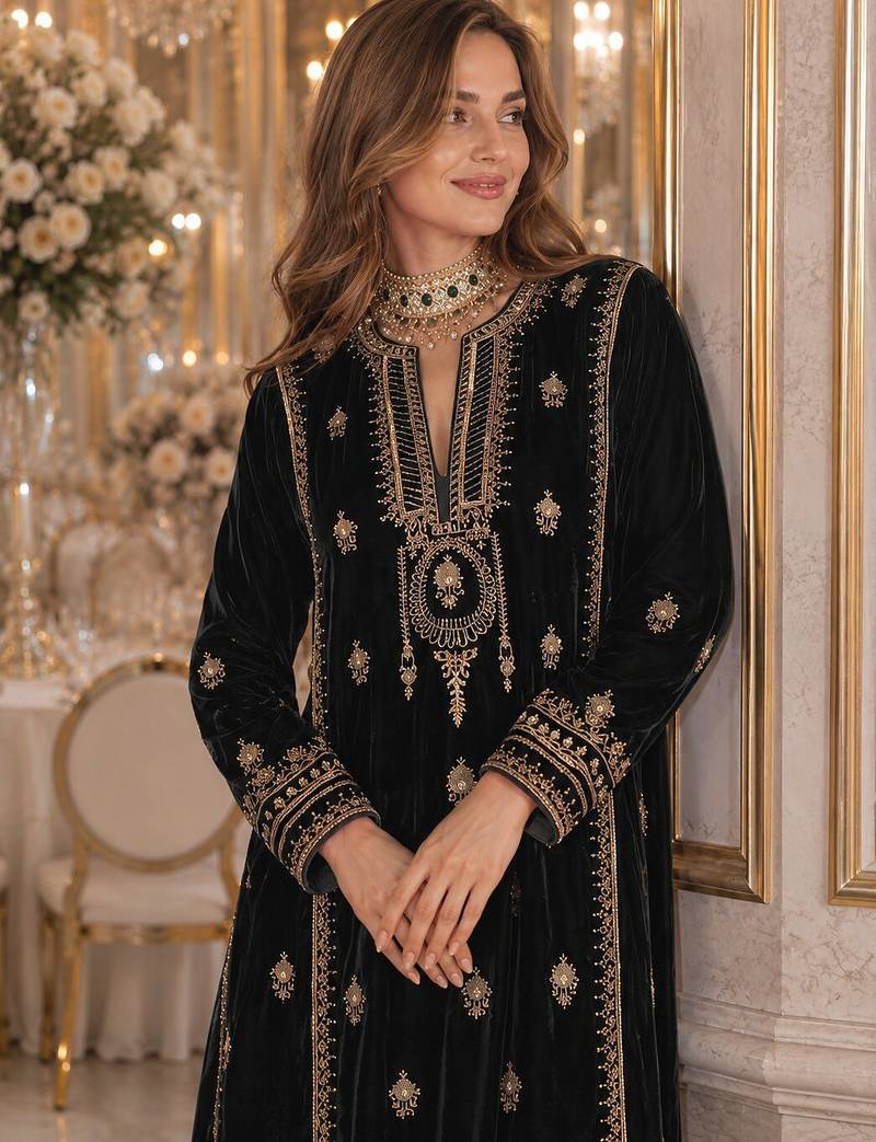 Black embroidered velvet salwar suit