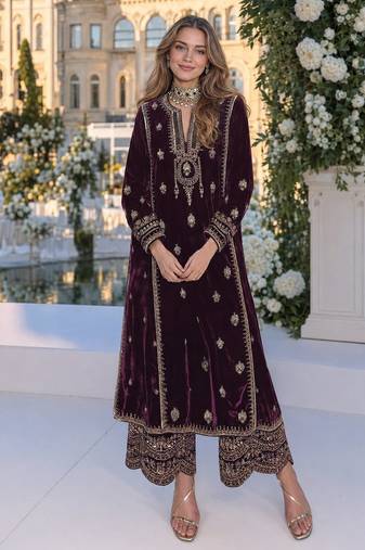 Purple embroidered velvet salwar suit
