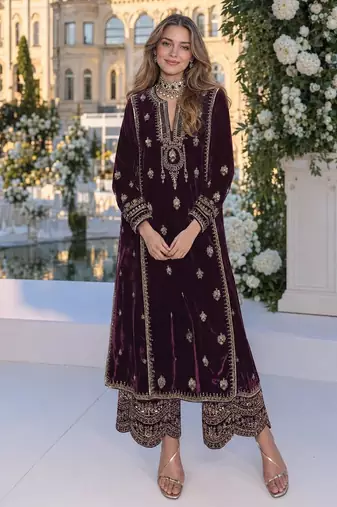 Purple embroidered velvet salwar suit