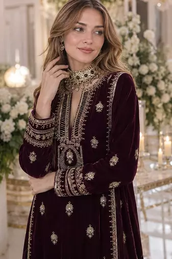 Purple embroidered velvet salwar suit