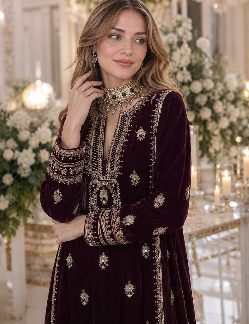 Purple embroidered velvet salwar suit