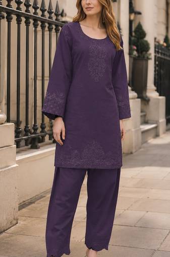 Violet embroidery and thread work cotton salwar suit