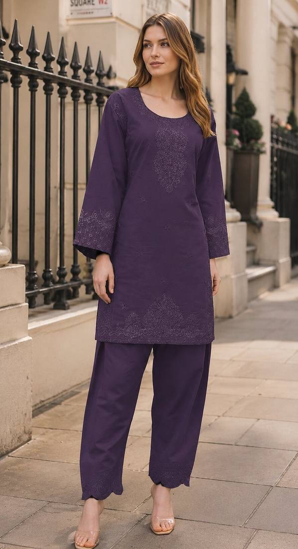 Violet embroidery and thread work cotton salwar suit