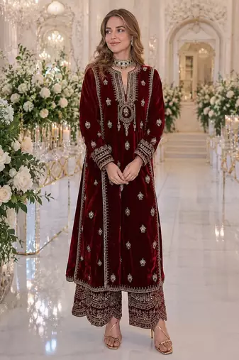 Maroon embroidered velvet salwar suit
