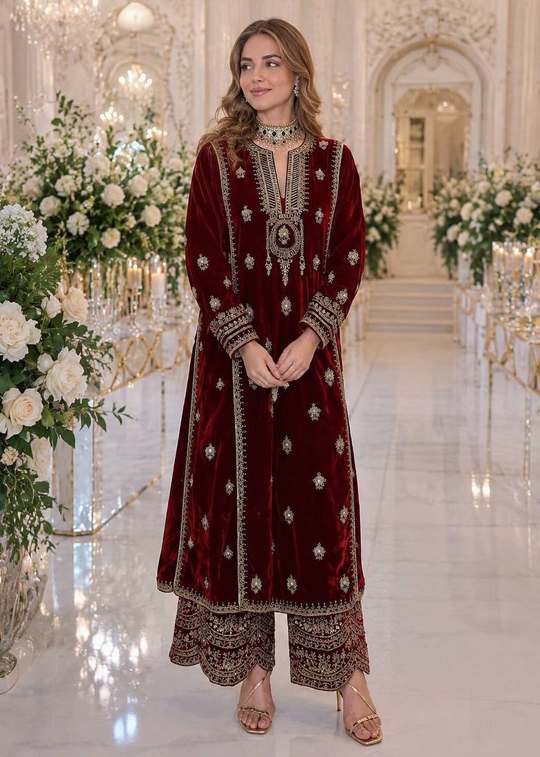 Maroon embroidered velvet salwar suit
