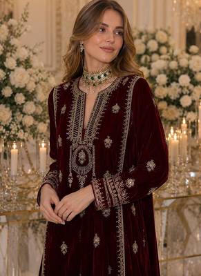 Maroon embroidered velvet salwar suit 2