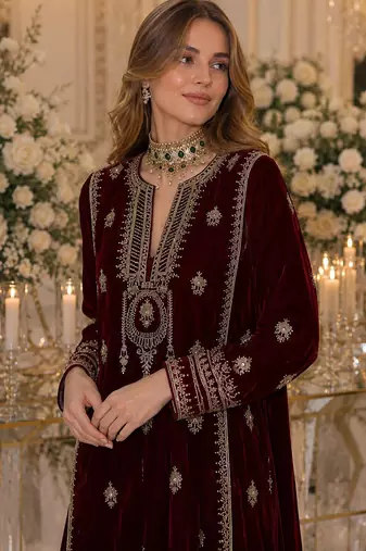 Maroon embroidered velvet salwar suit