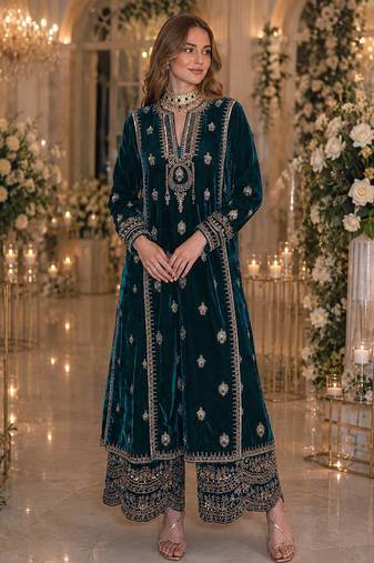 Teal embroidered velvet salwar suit