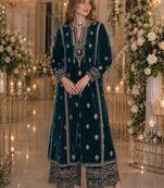 Teal embroidered velvet salwar suit