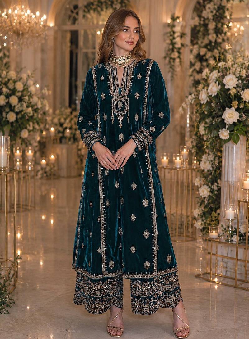 Teal embroidered velvet salwar suit