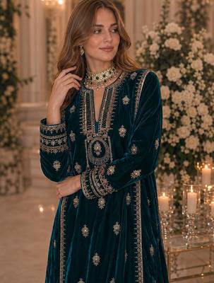 Teal embroidered velvet salwar suit 2
