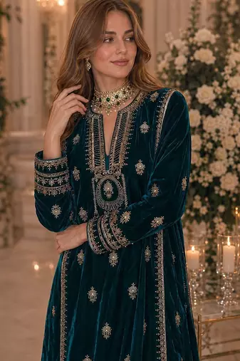 Teal embroidered velvet salwar suit