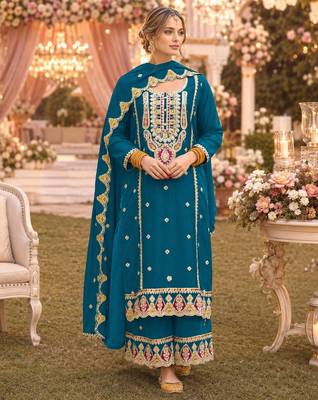 Teal premium embroidered chinon salwar suit 1