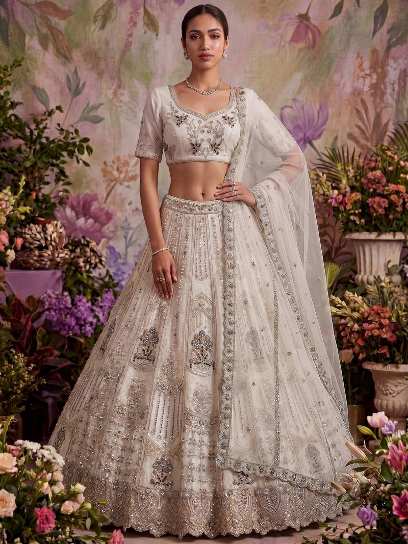 Fascinating White Sequin Net Traditional Lehenga Choli With Dupatta