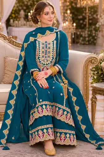 Teal premium embroidered chinon salwar suit