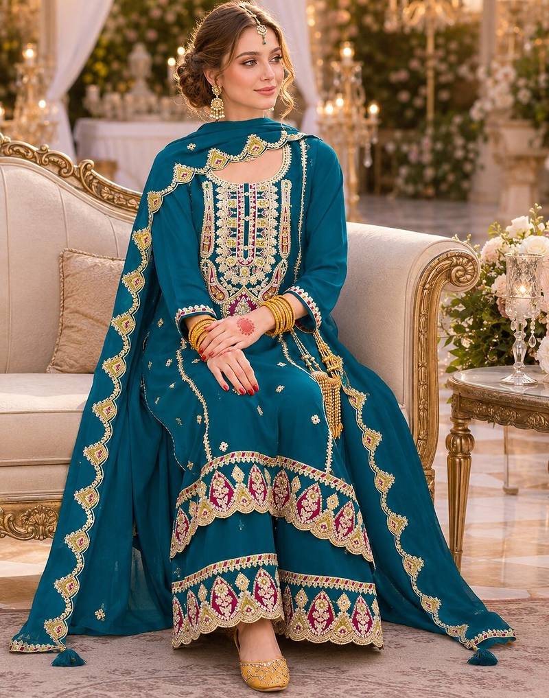 Teal premium embroidered chinon salwar suit