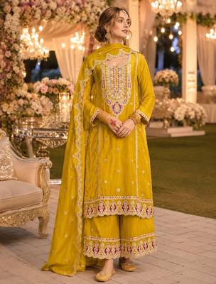 Yellow premium embroidered chinon salwar suit 1