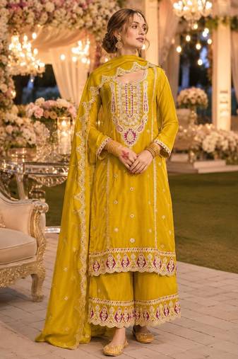 Yellow premium embroidered chinon salwar suit