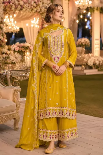 Yellow premium embroidered chinon salwar suit