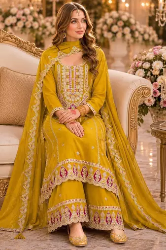Yellow premium embroidered chinon salwar suit