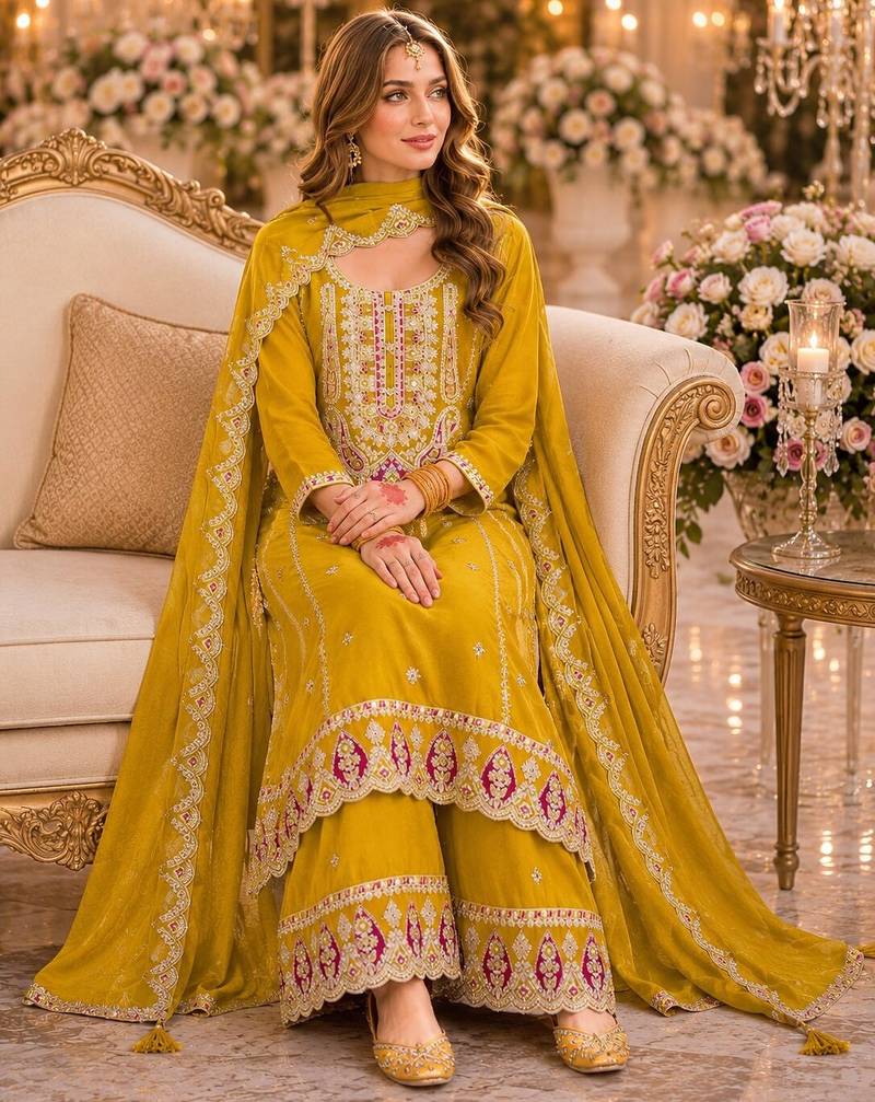 Yellow premium embroidered chinon salwar suit