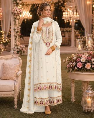 Beige premium embroidered chinon salwar suit 1