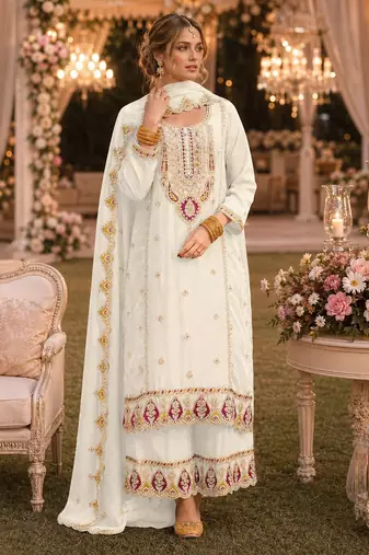 Beige premium embroidered chinon salwar suit