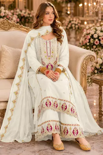Beige premium embroidered chinon salwar suit