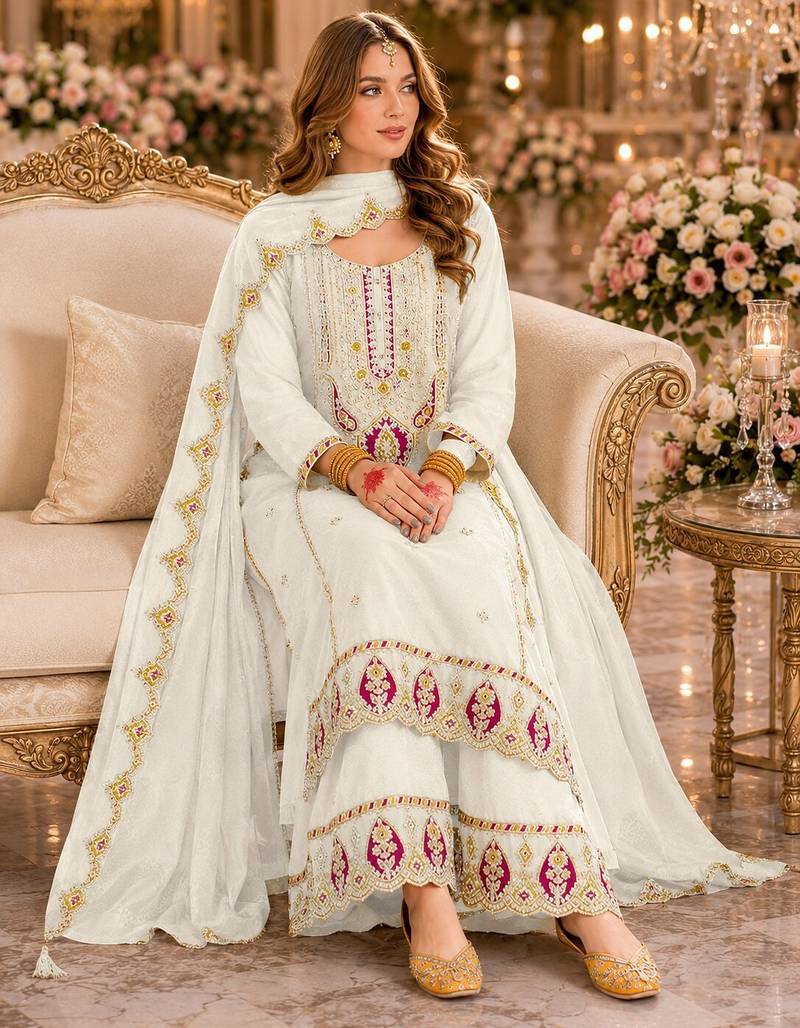 Beige premium embroidered chinon salwar suit