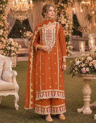 Orange premium embroidered chinon salwar suit 1