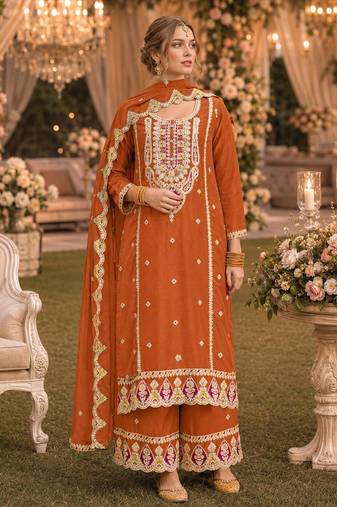 Orange premium embroidered chinon salwar suit
