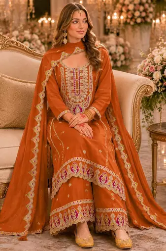 Orange premium embroidered chinon salwar suit