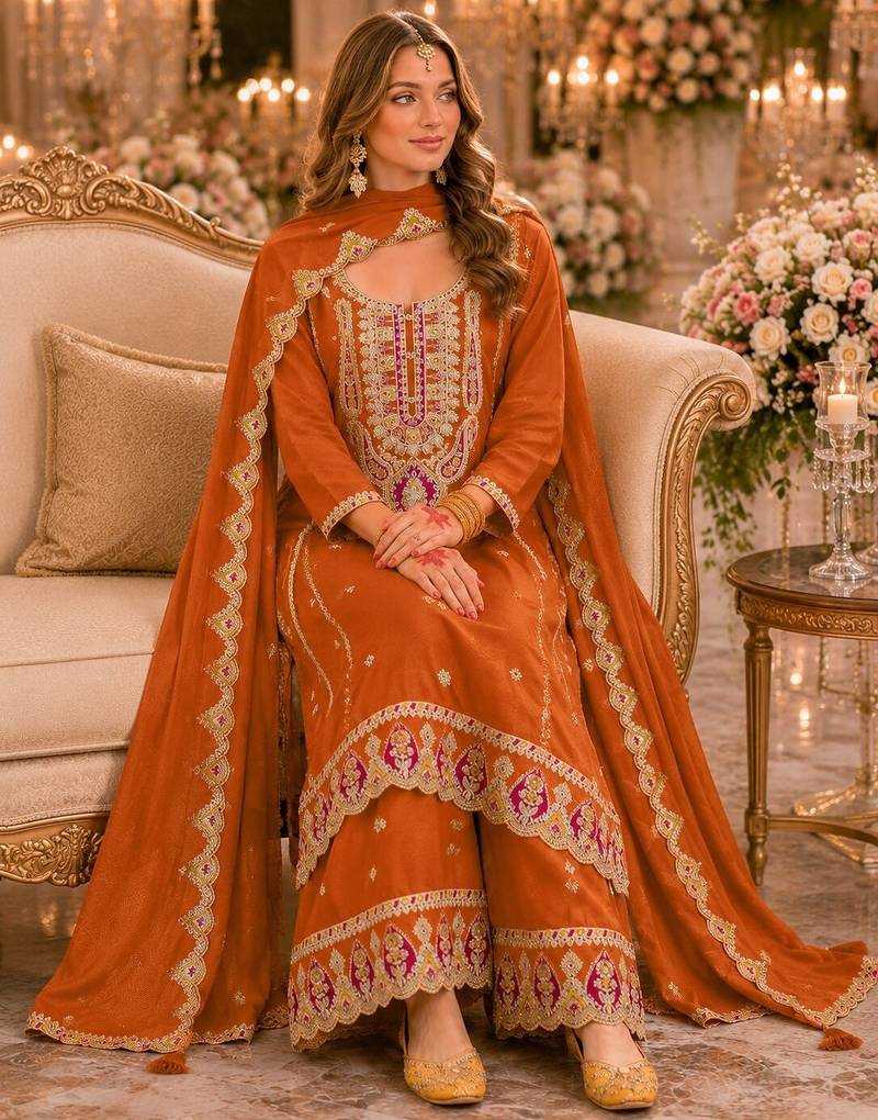 Orange premium embroidered chinon salwar suit