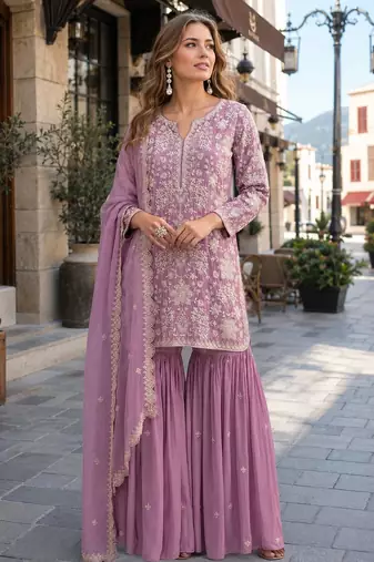 Pink embroidered faux georgette sharara suit