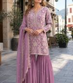 Pink embroidered faux georgette sharara suit