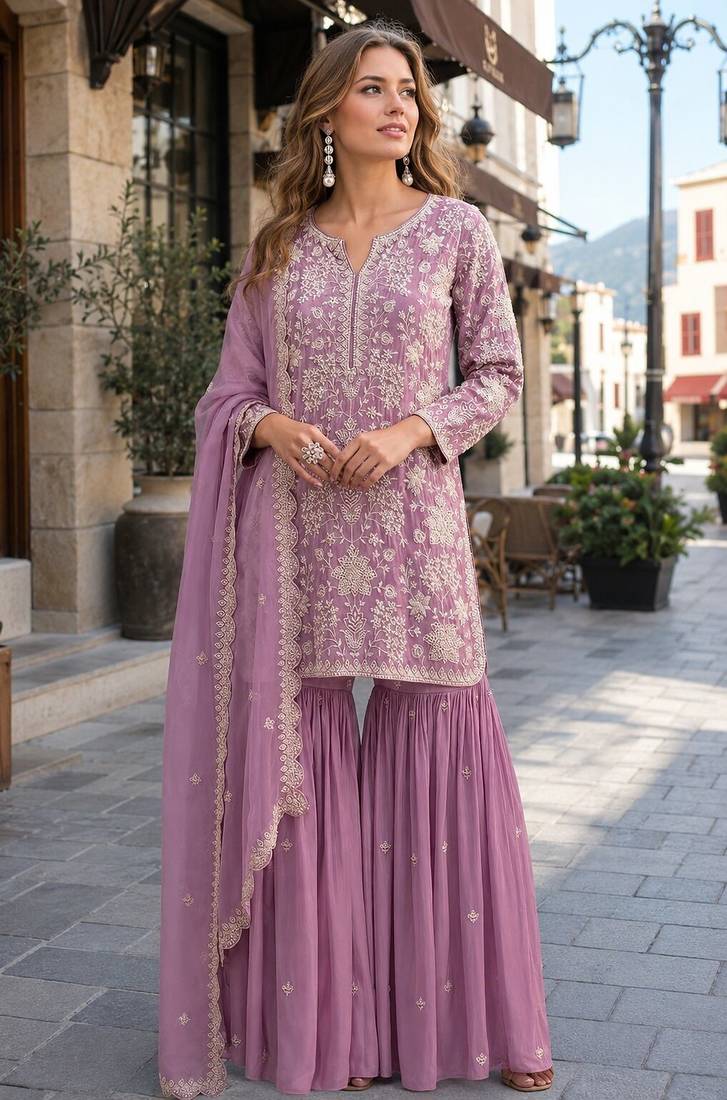 Pink embroidered faux georgette sharara suit