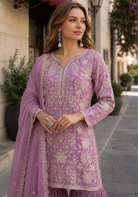 Pink embroidered faux georgette sharara suit 2