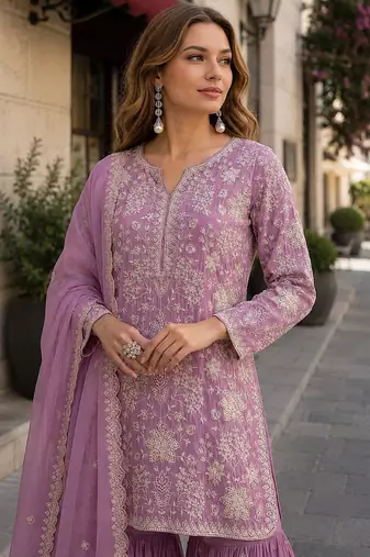 Pink embroidered faux georgette sharara suit