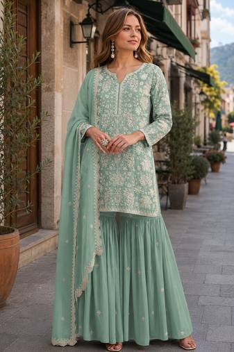 Green embroidered faux georgette sharara suit