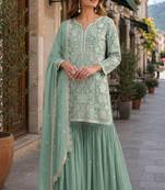 Green embroidered faux georgette sharara suit