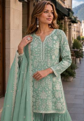 Green embroidered faux georgette sharara suit 2