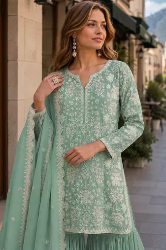 Green embroidered faux georgette sharara suit