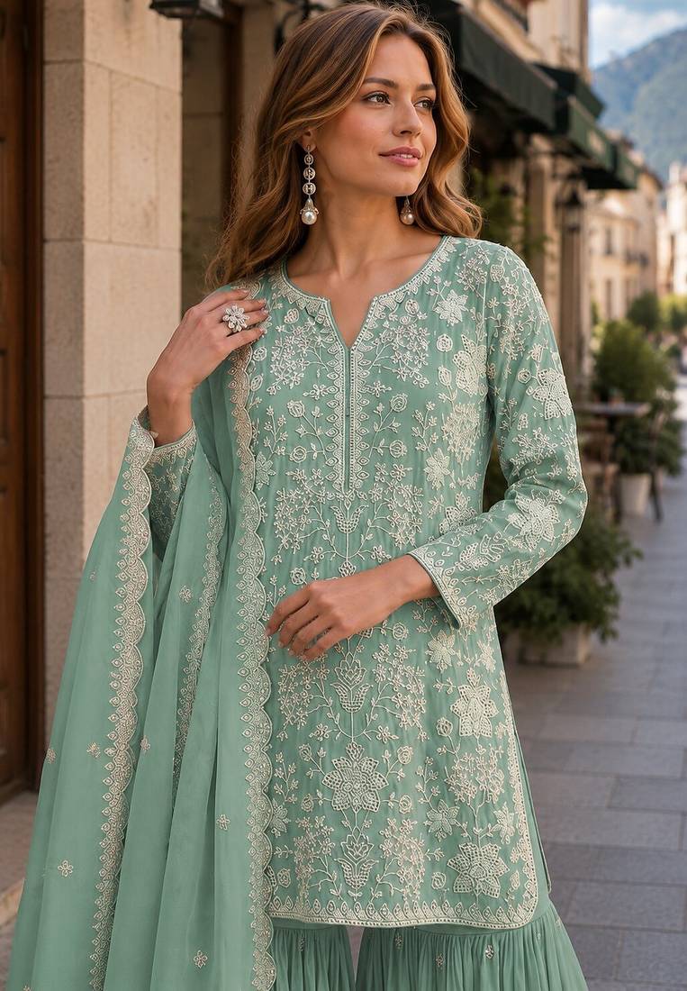 Green embroidered faux georgette sharara suit