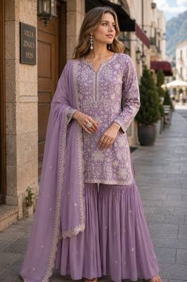 Purple embroidered faux georgette sharara suit 1