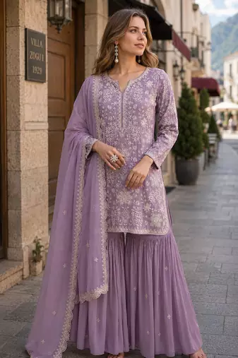 Purple embroidered faux georgette sharara suit