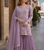Purple embroidered faux georgette sharara suit